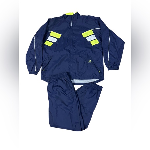 VTG Adidas Tracksuit Set Mens XL Navy Neon Yellow Mesh Lined Nylon 90s - Picture 1 of 15